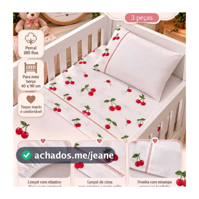 Jogo de lençol mini berço 3 peças percal 180fios 40x90 cm