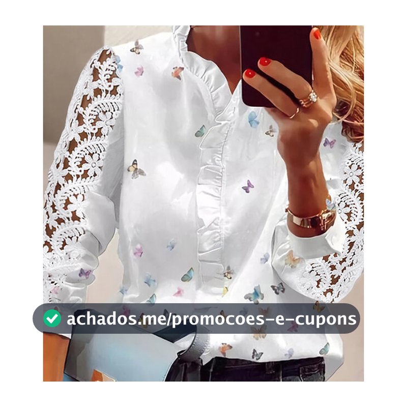 Blusa Feminina Elegante De Manga Longa Borboleta Impressão Com Rufos E Blusas De Renda Branca Vestuário Social