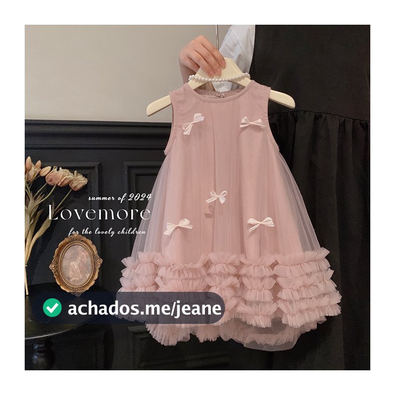 Vestido Infantil sem Mangas com Laço 3D e Saia de Tule Estilo Princesa Doce e Elegante
