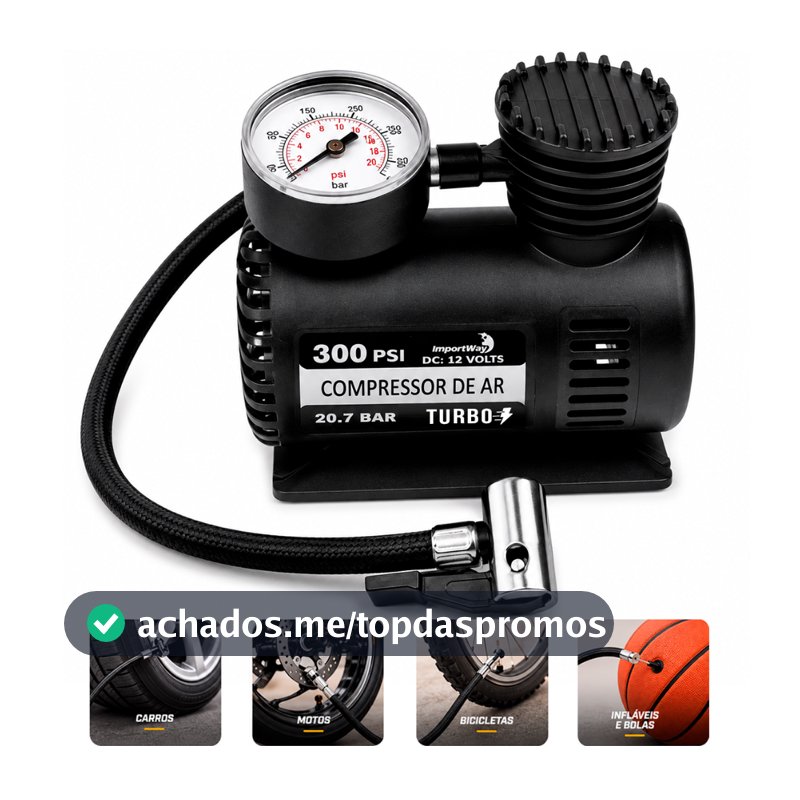 Mini Compressor Ar Automotivo Turbo 12v 300 Psi Para Pneu Carro Moto Bicicleta Colchão Bola Infláveis Com 2,80m Cabo