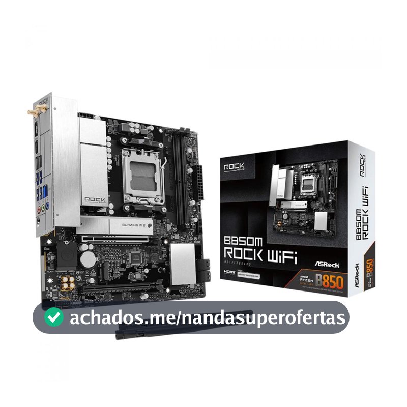 Placa Mãe ASRock B850M Rock WiFi, Chipset B850, AMD AM5, mATX, DDR5