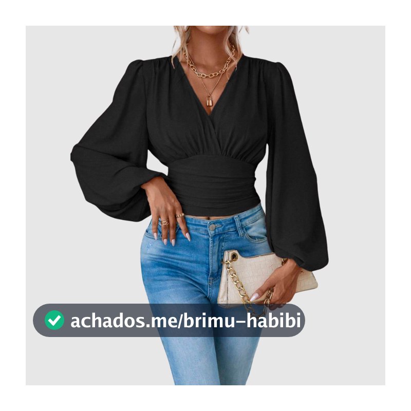 Blusa Feminina Manga Longa Bufante Crepe Decote Transpassado