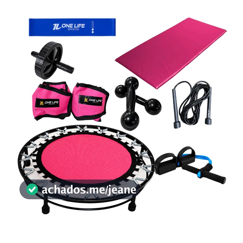 Kit Funcional com Mini Jump Preto, Caneleira 2kg Rosa, Halteres, Colchonete, Roda Abdominal, Extensor e Mini Band