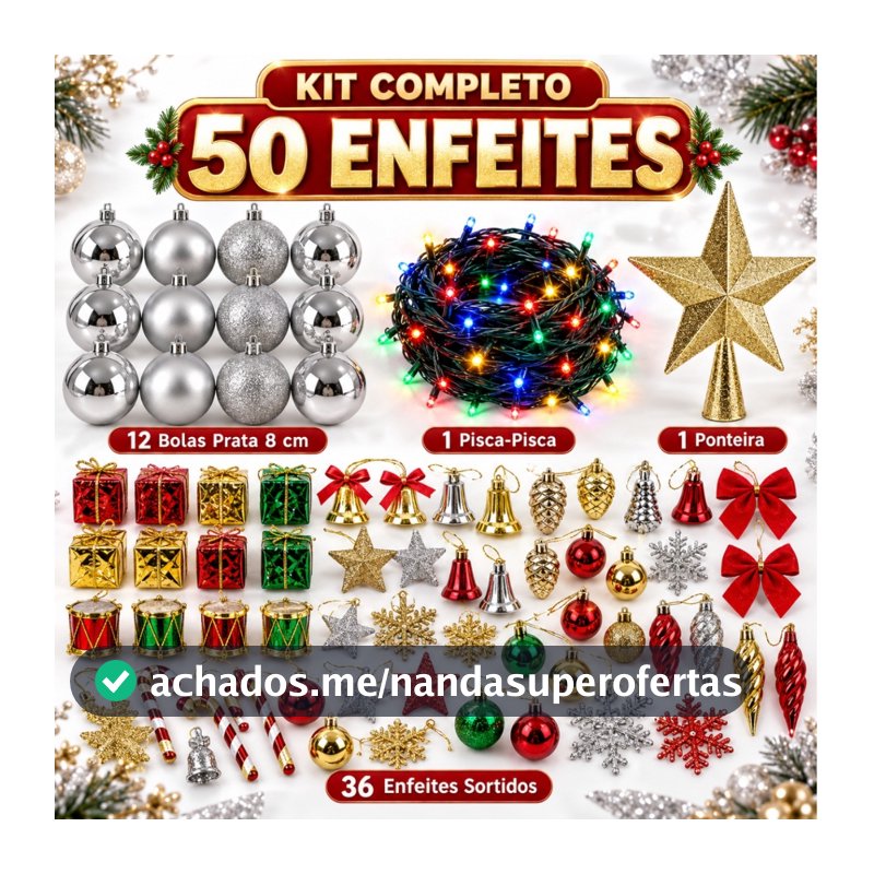 Kit 50 Enfeites Árvore De Natal Bolinhas Pendentes Pisca Pisca Laços Decoração Natalina Papai Noel