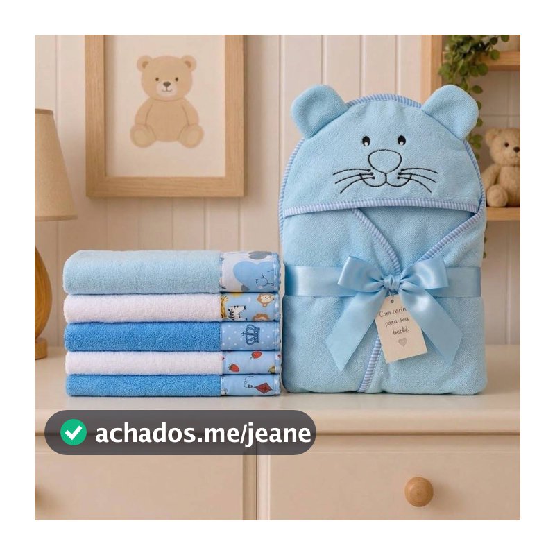 Kit Bebê Toalha de Banho com Capuz Bordado + 5 Toalhinhas Boca Ombro Algodão Felpudo Enxoval