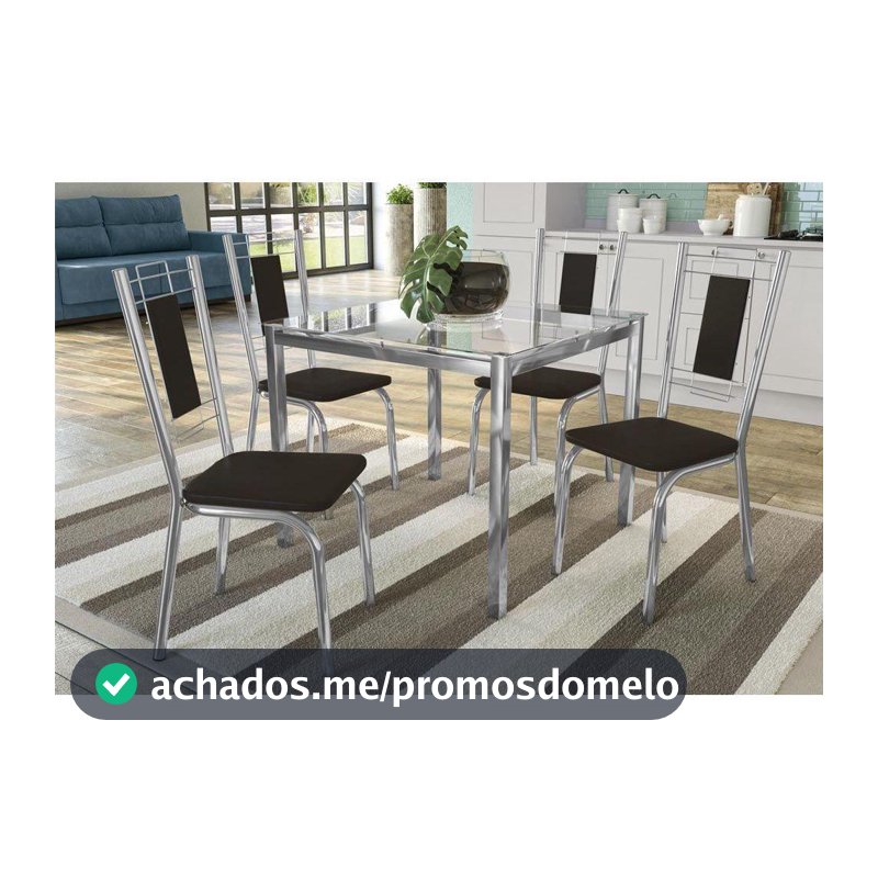 Sala de Jantar Completa Reno c/ Tampo Vidro 90cm + 4 Cadeiras Florença Cromado/Courano Preto - Kappesberg