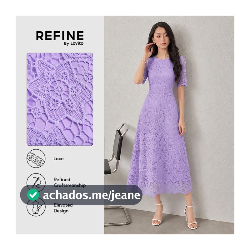 (Refine by Lovito) Vestido Feminino Elegante de Renda Oca com Babado Grande Primavera/Verão Roxo Bordado LR35E050