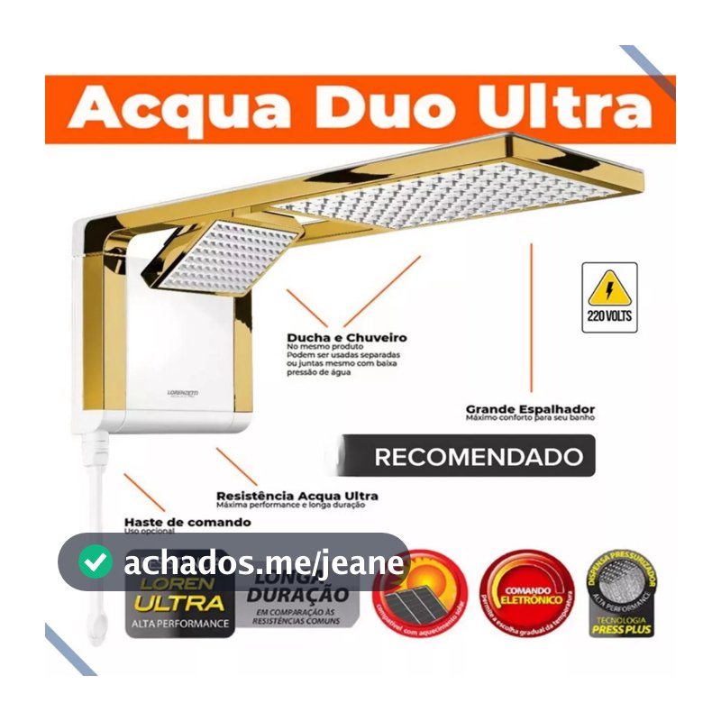Chuveiro Lorenzetti Acqua Duo - Branco com Dourado Brilhante