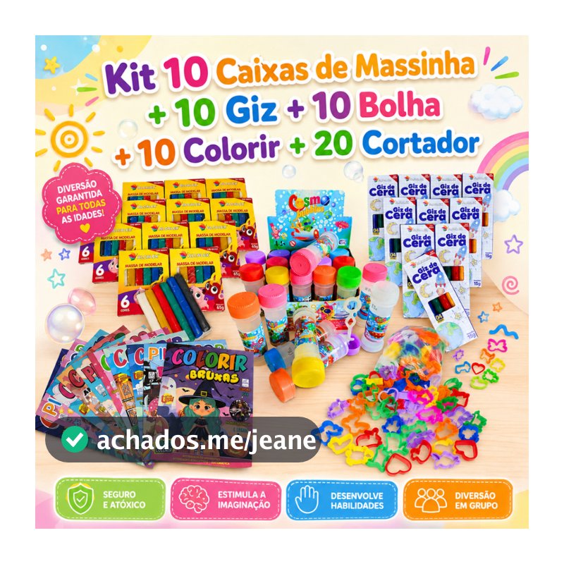 Kit 10 Massinha Modelar + 10 Bolha Sabão + 10 Giz Cera + 10 Colorir/Atividades + 20 Corta Lembrancinha Infantil