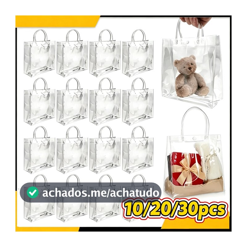 Até 30 Sacolinhas de Presente Transparentes 3 Tamanhos em PVC com Alças e Botões para Lembrancinhas