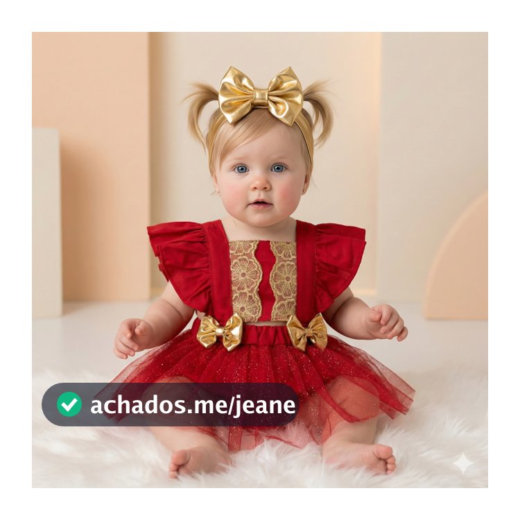 Jardineira Saia Luxo Natal Infantil Menina Com Laço Dourado Tule Mesversário Presente Festa Natalina
