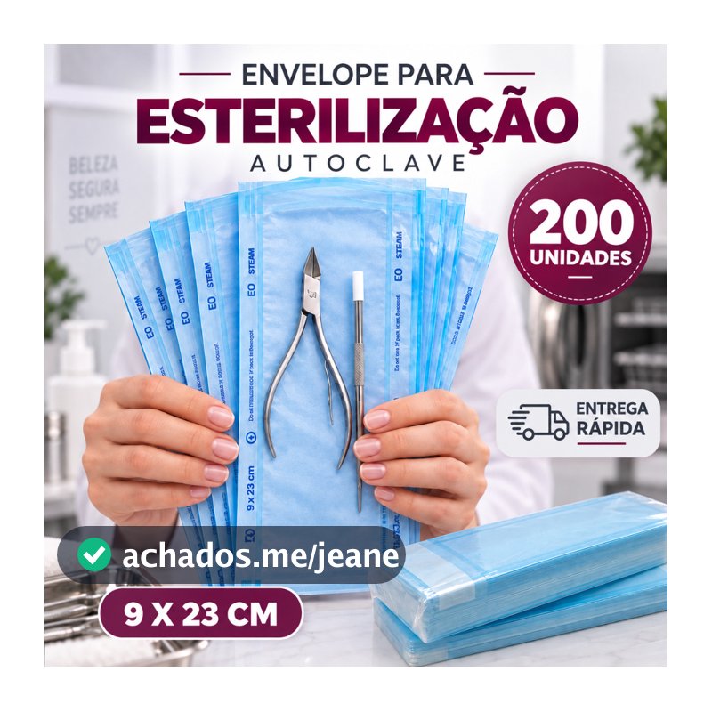 Envelope Esterilização 9x23 cm para Autoclave Autosselante Papel Grau Cirúrgico 200 Unidades Manicure Podologia Estética