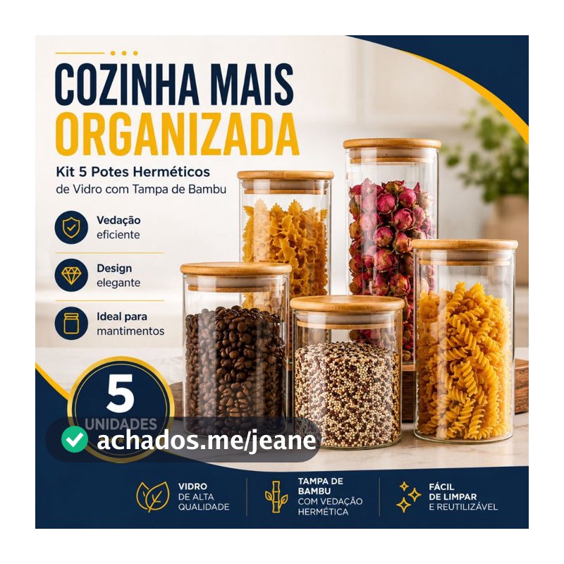 Kit 5 Porta Mantimentos Herméticos de Vidro Tampa Bambu com Vedação Grãos Temperos Organização