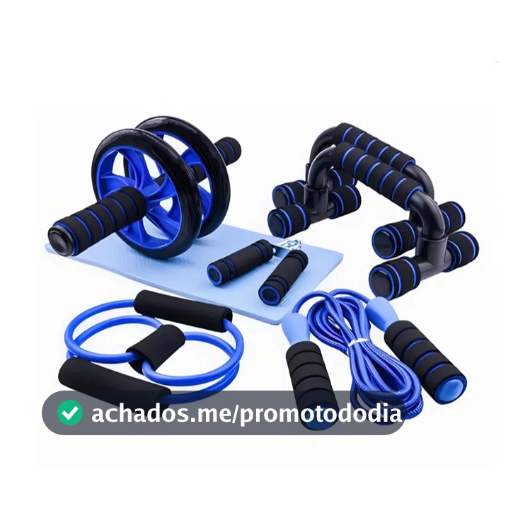 Kit Fitness 6 em 1 Roda Abdominal Flexão Corda Elástico Hand Grip Tapete Treino em Casa