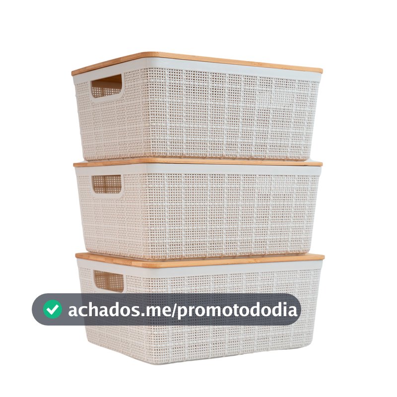 Kit 3 Caixas Organizadoras 4 Litros Brancas C/ Tampa Bambu Oikos