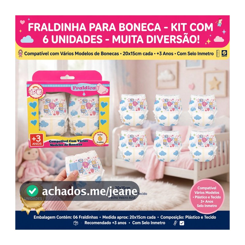Kit 6 Fraldinhas para Boneca 20x15 cm Brinquedo Infantil com Selo Inmetro