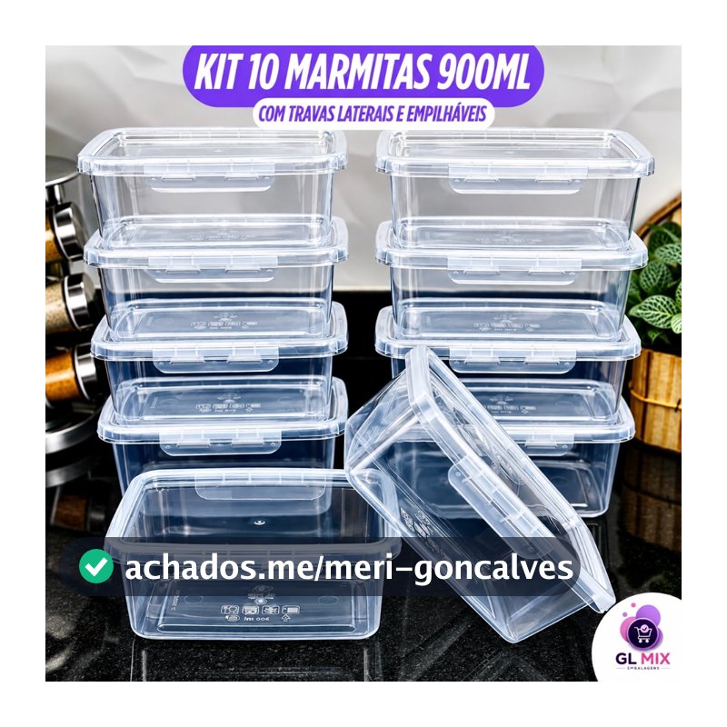 Kit 10 Marmita 900ml - Travas Hermética Premium BPA FREE Alta Vedação Freezer Microondas Lava Louças