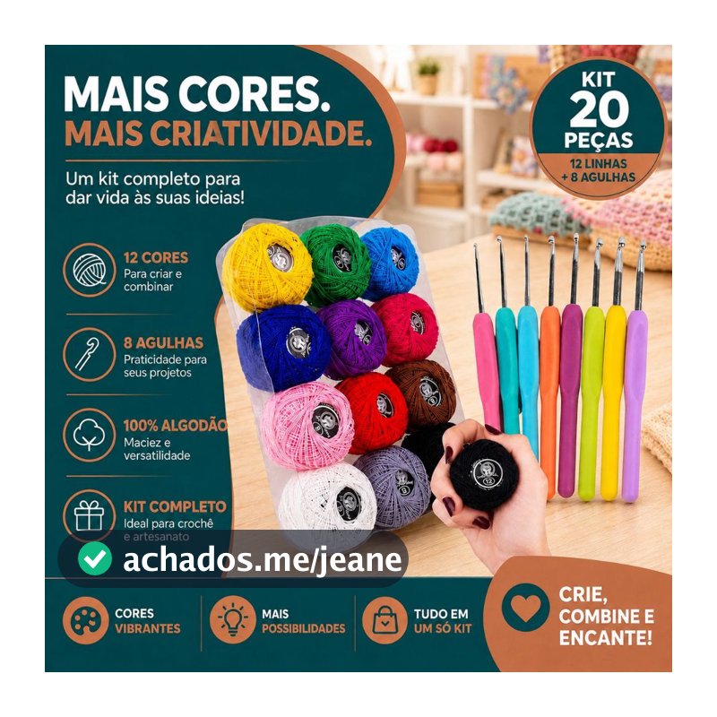 Kit Crochê Completo 12 Linhas Coloridas 100% Algodão + 8 Agulhas Ergonômicas Amigurumi Iniciante -AE