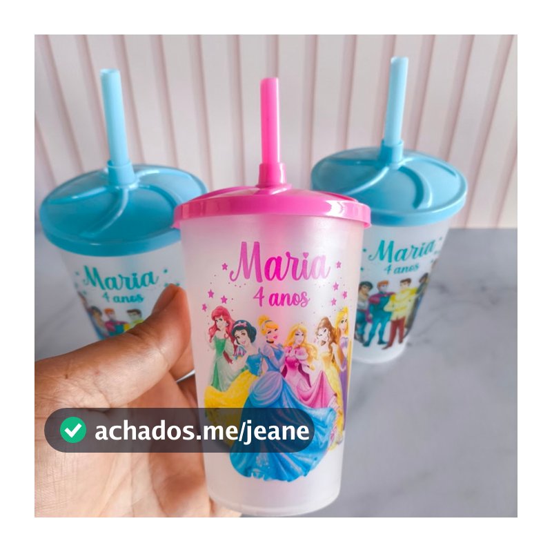 Kit Copo Personalizado Ecológico  Princesas  Lembrancinhas de Aniversário Infantil