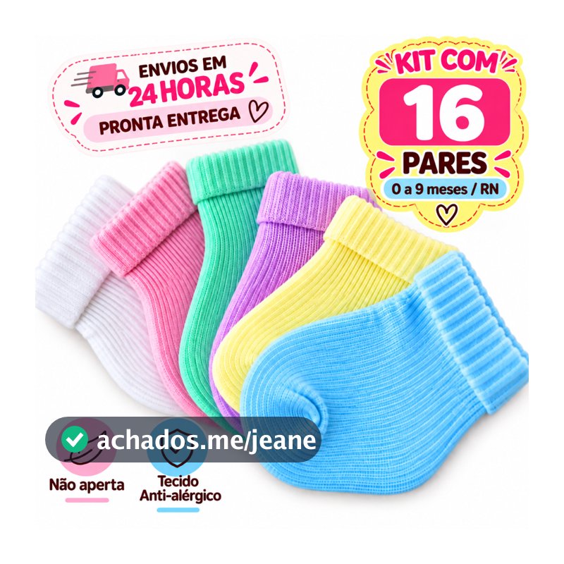 kit 16 pares de meias Rn Recém Nascido Saída Maternidade Enxoval Menina Menino Neutro Unissex