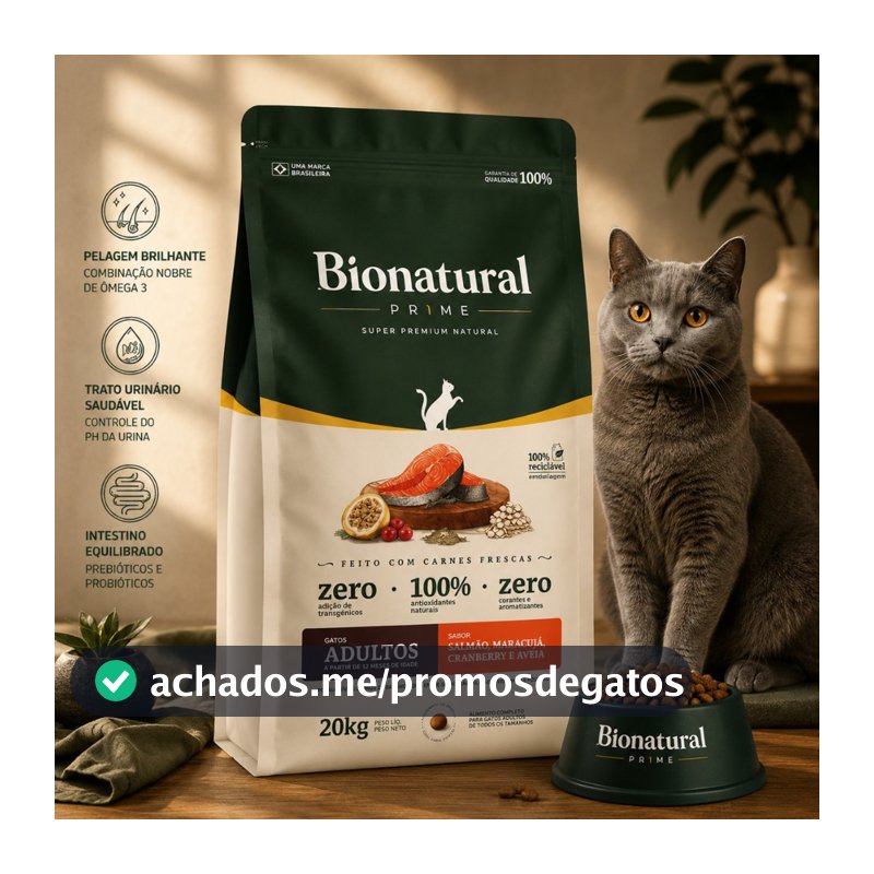 Ração SuperPremium Bionatural Prime para Gatos Adultos sabor Salmão 20 KG-Envio Rapido