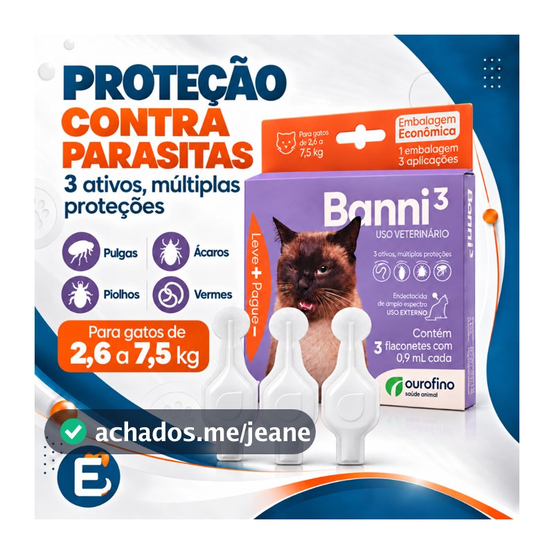 Banni 3 Gato Pipetas Antipulgas Vermes Sarna Ourofino Gato Adulto 2,6 a 7,5kg 3  PIPETAS