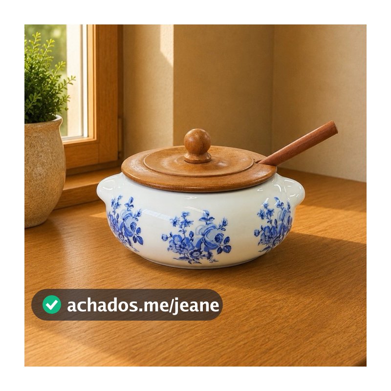 FARINHEIRA DE PORCELANA - FLORAL AZUL - acompanha tampa e colher de madeira.