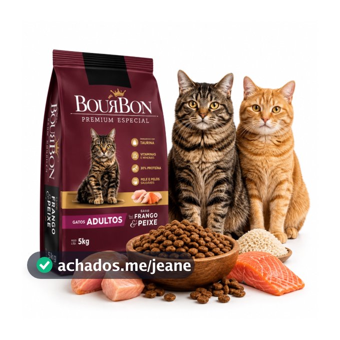 Ração Para Gatos Adultos Bourbon Premium 5kg Frango e Peixe Com Taurina 30% Proteína