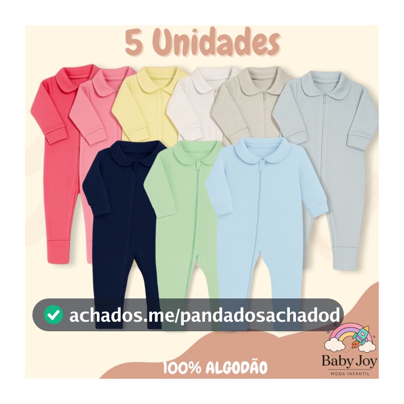 Kit 5 Macacão Longo Bebê Ribana Algodão com Zíper Menina Menino Top Envio Imediato