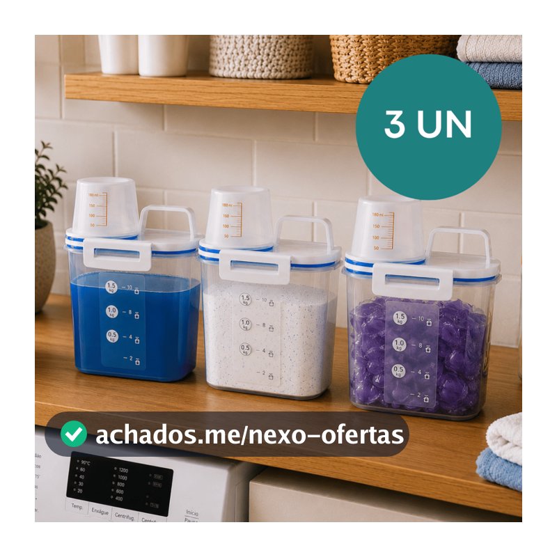 - Kit 3 Pote Hermético 1,5 L C/ Bico Dosador Porta Sabão em Pó/Sabão Líquido/Amaciante Compacto Lavanderia Organizador