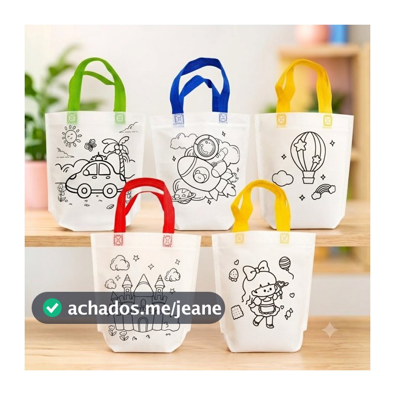 Sacola de Microfibra com Estampa Para Colorir - Estampa Diversas Alça Sortida - 21,5x24x5x9cm | Kit com 6, 12, 18, 24 un