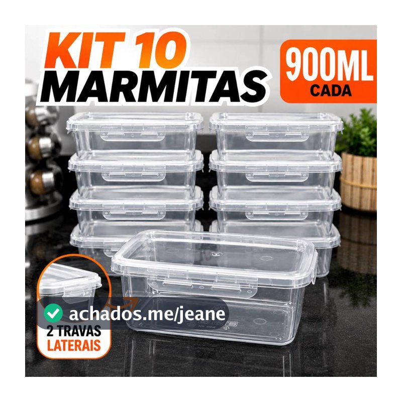 Kit 10 Marmitas 900ml com Travas Potes Herméticos - Livres de BPA para Alimentos organiza congelador