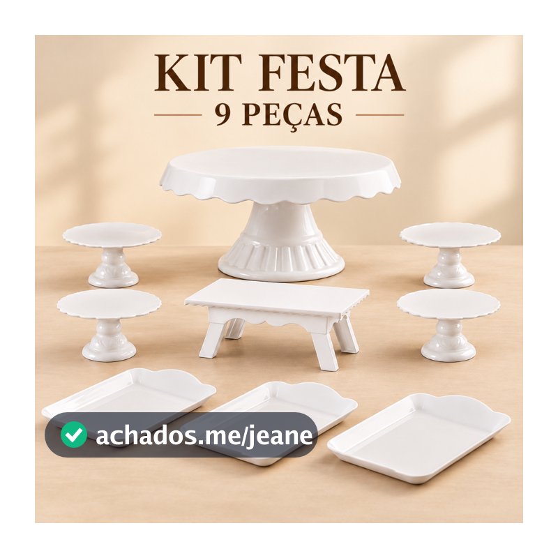 Kit Festa 9 Peças Decoração Mesa Boleira 22cm 4 Suportes 3 Bandejas + Mesinha