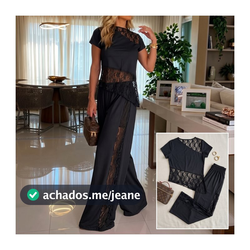 Conjunto Com Renda Feminino Calça e Blusa Over Elegante Assimétrico