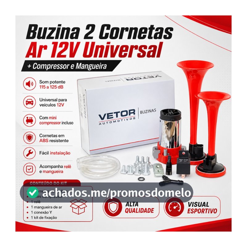Buzina 2 Cornetas Ar 12v Universal + Compressor E Mangueira Carros Motos Caminhões Lanchas VT042