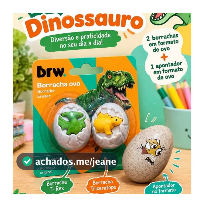 Kit Escolar Dinossauro 3 Peças: 2 Borrachas Ovo de Dinossauro + 1 Apontador Ovo Infantil
