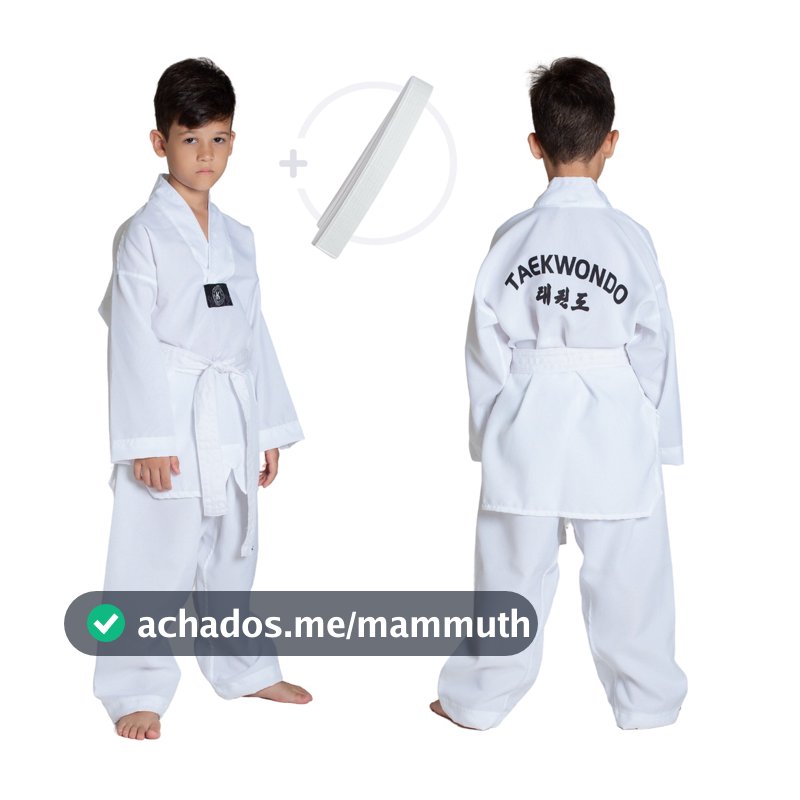 Dobok Taekwondo Infantil Kimono Oxford Branco Roupa Uniforme Gola Branca c/Faixa Dobo Dubok Iniciante Aluno