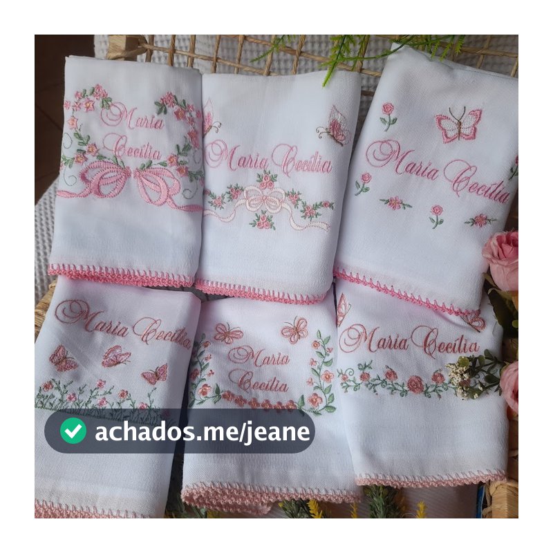 Kit 5 Fraldas Personalizadas c/ Nome Bebê Menina Bordada Luxo