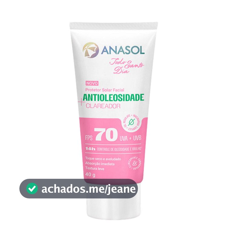 Protetor Solar Facial Anasol Todo Santo Dia FPS 70 Clareador 40g - Ação Anti-Manchas - Antioleosidade