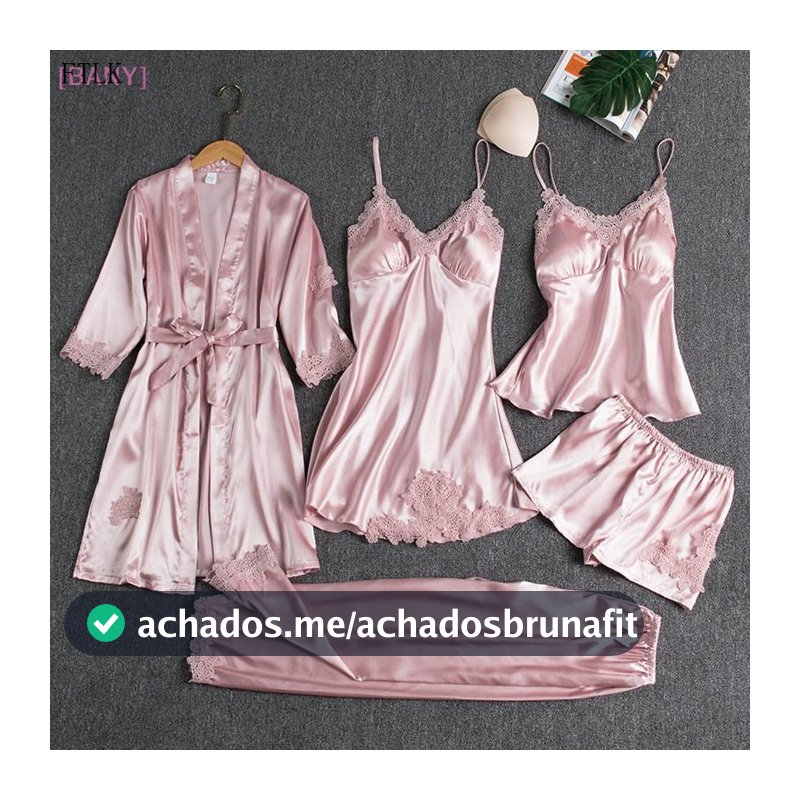 [BANY] Conjunto de Pijamas de Seda para Mulheres com 5 Peças, Vestido de Pijama com Decote em V e Camisola Us
