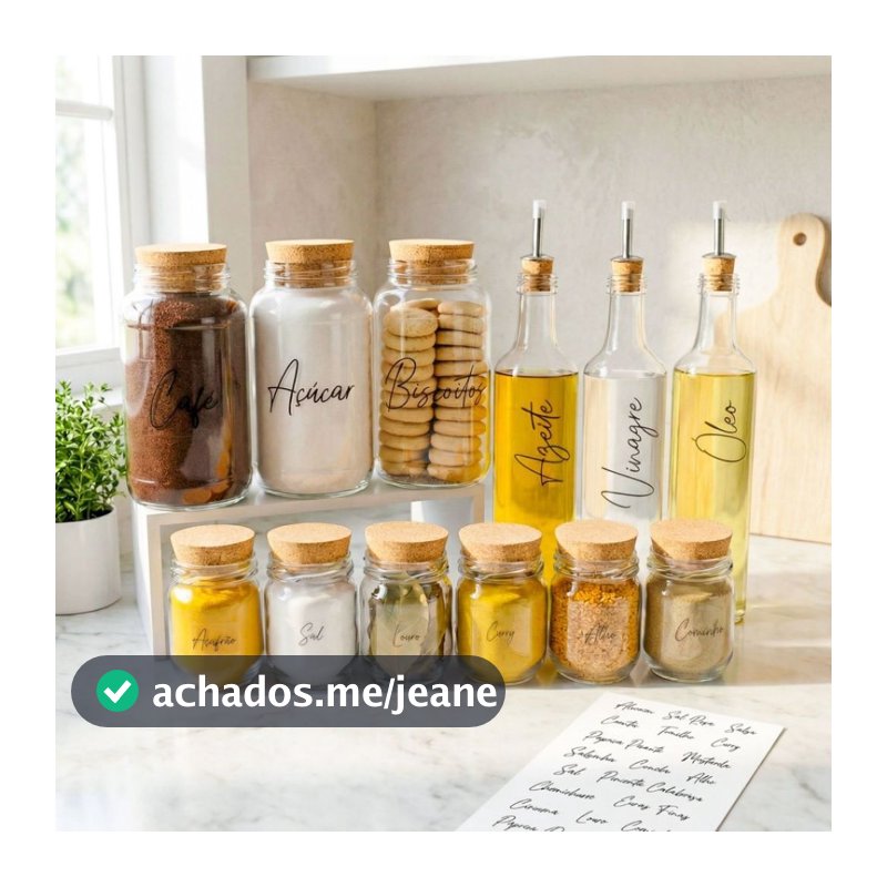 KIT 12 PEÇAS - 3 Potes Cantinho do Café, 6 Potes de Tempero com Etiquetas e 3 Galheteiros | Armazenamento Vidro, Cozinha