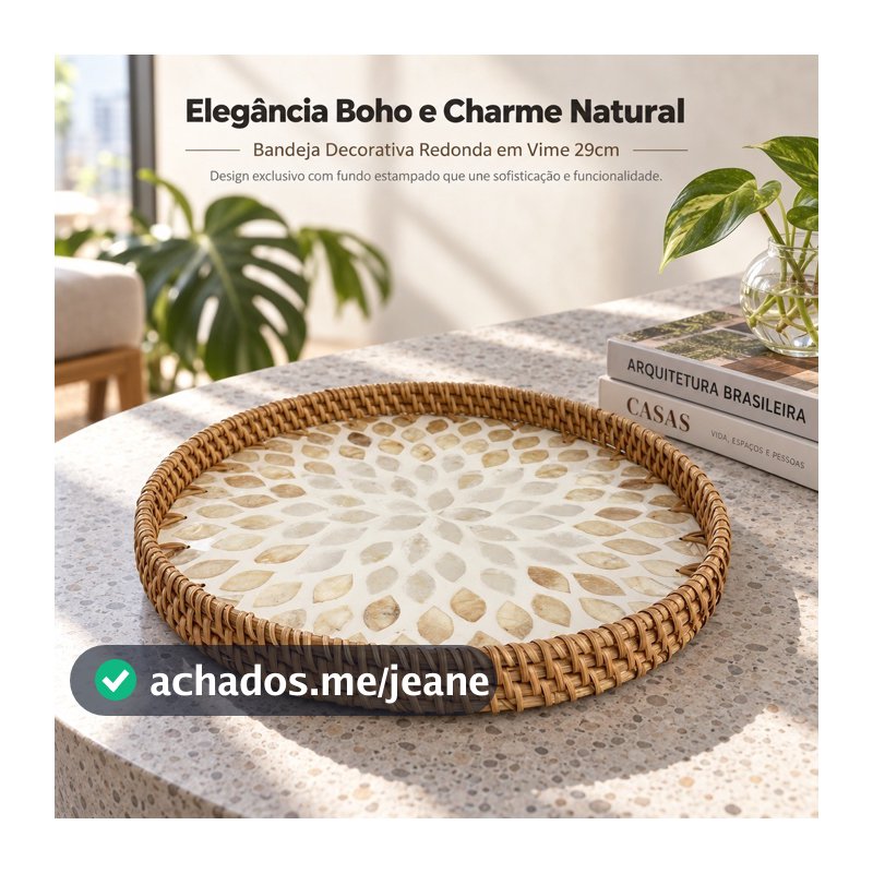 Bandeja Decorativa Redonda Vime Fundo Estampado Boho 29cm