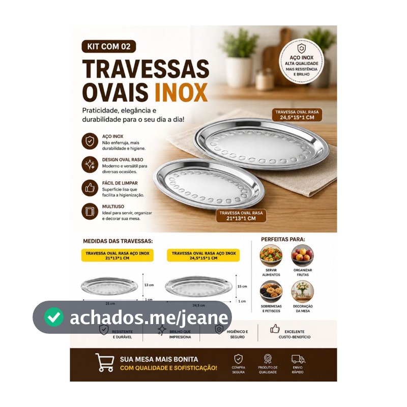 Kit 2 Travessas Ovais Inox 21x13 E 24,5x15 Cm