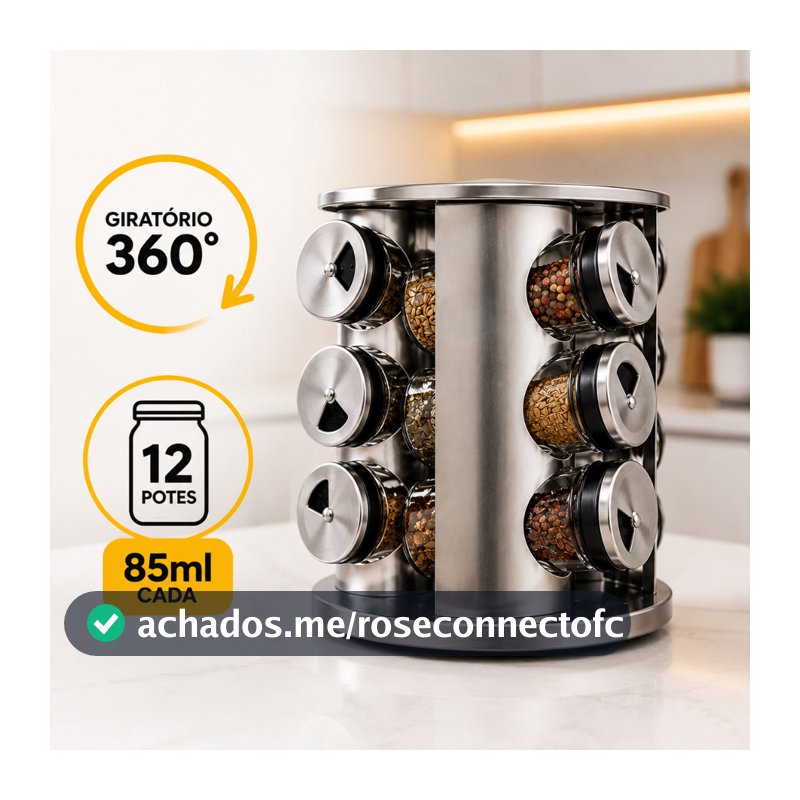 Porta Condimentos INOX 12 Potes Vidro Base 360° Cozinha Giratório Premium Tempero Restaurante