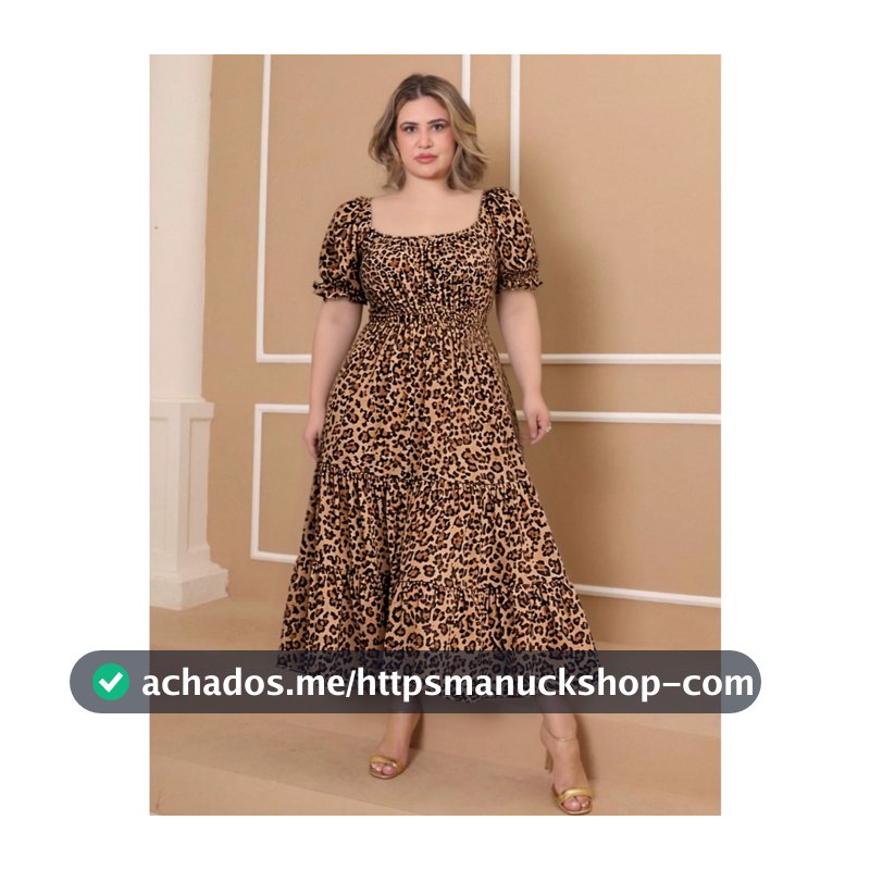 Vestido Midi Estampa Onça Feminino Rodado Manga Bufante Look Blogueira Elegante Casual Chic Tendência Plus Size