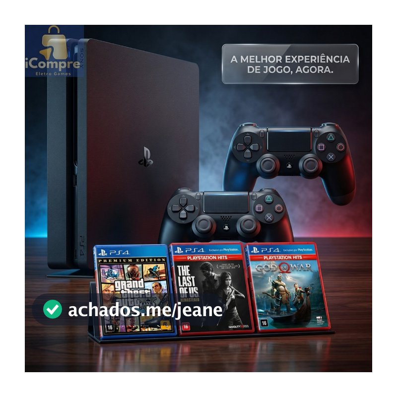 Playstation 4 Completo Ps4 Play Slim Semi Novo 1TB + 2 Controles Originais + GTA V - Videogame Usado