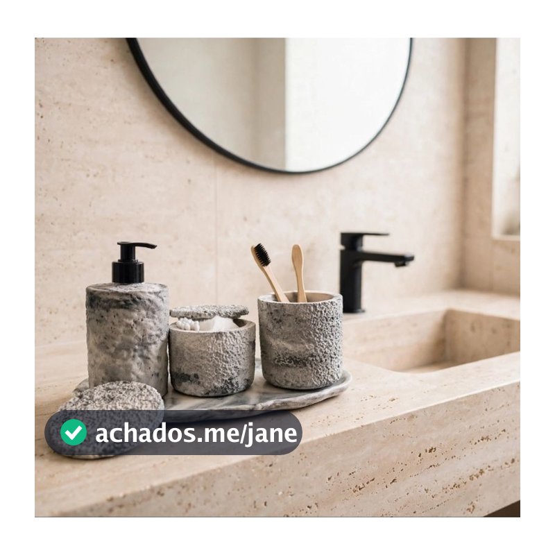 Kit Banheiro 4 Peças Cimento Decorativo Dispenser Sabonete Porta Escova Porta Algodão Bandeja Oval Lavabo