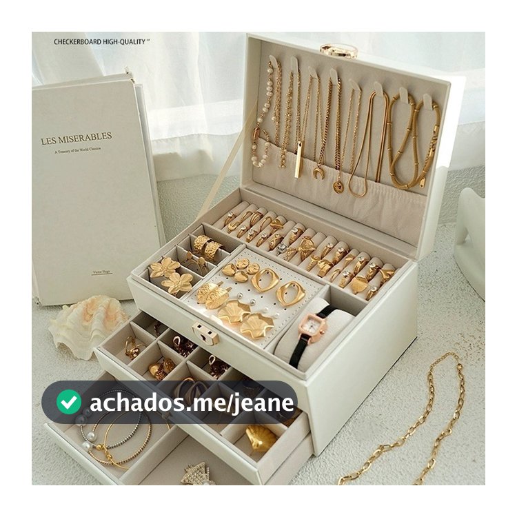 Porta Jóias Caixa Organizadora De Jóias Feminina Em Couro Com Duas Camadas/Anéis/Colar Fecho -Q19