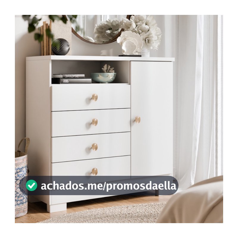 Cômoda Amalfi Organizadora 4 Gavetas 1 Porta Nicho Quarto c/ Puxadores Dourados - Blue Moby