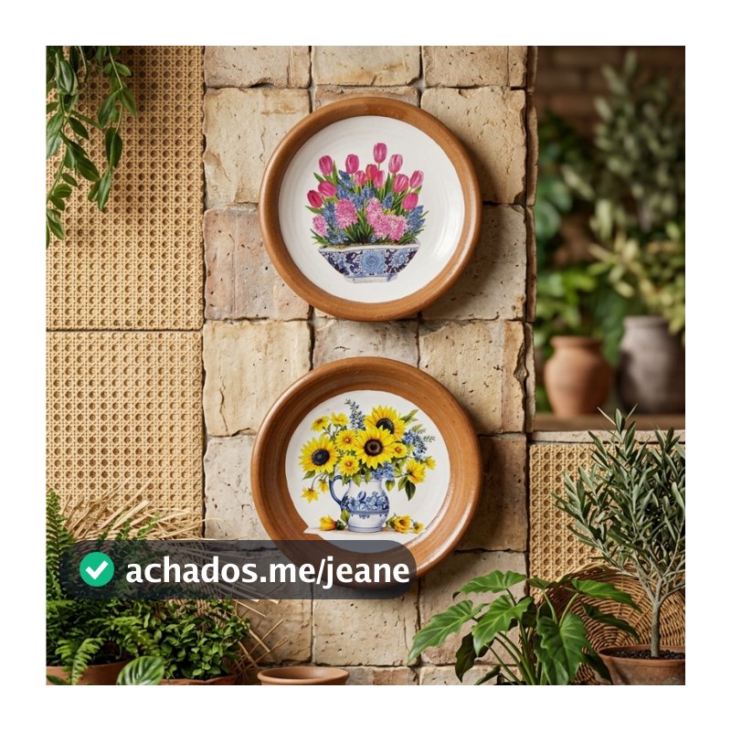 Prato de cerâmica 22 cm de diâmetro, Parato de Parede, Parato decorativo, Girassóis e Tulipas.